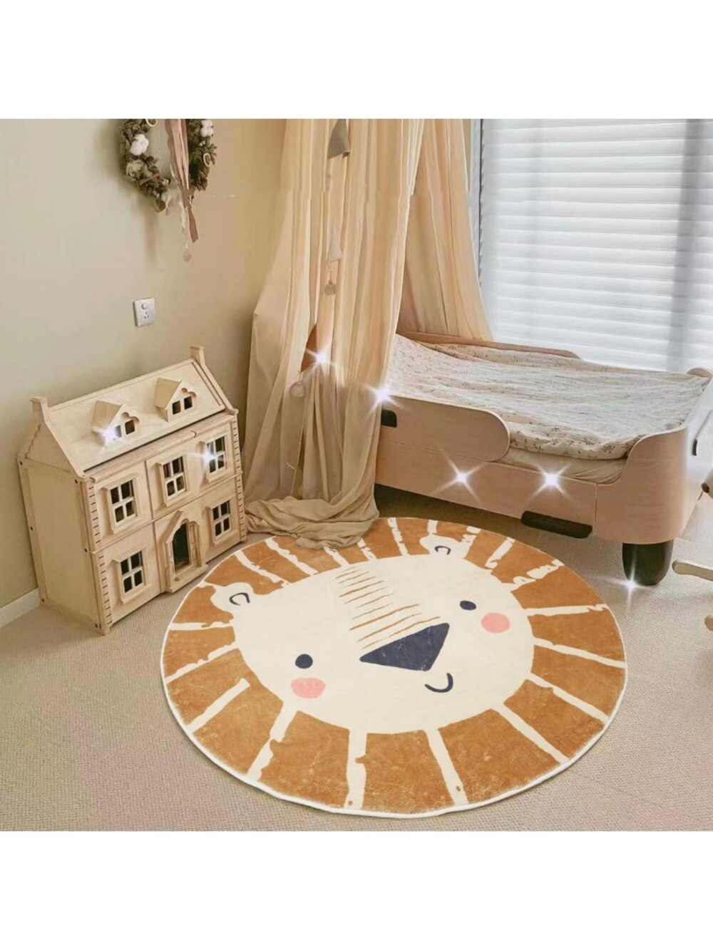 Soft Plush Lion Round Kids Rug, 4ft Non-Slip Area Carpet for Nursery & Playroom